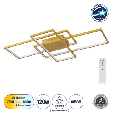 GLOBOSTAR® QUADRA 61390 Μοντέρνο Φωτιστικό Οροφής LED 120W 14400lm 120° AC 220-240V IP20 Ρυθμιζόμενο Λευκό CCT με Χειριστήριο από 2700K έως 6000K Dimmable - Lumileds SMD Chip - Χρυσό Βούρτσας - Μ105 x Π60 x Υ9cm - 3 Χρόνια Εγγύηση